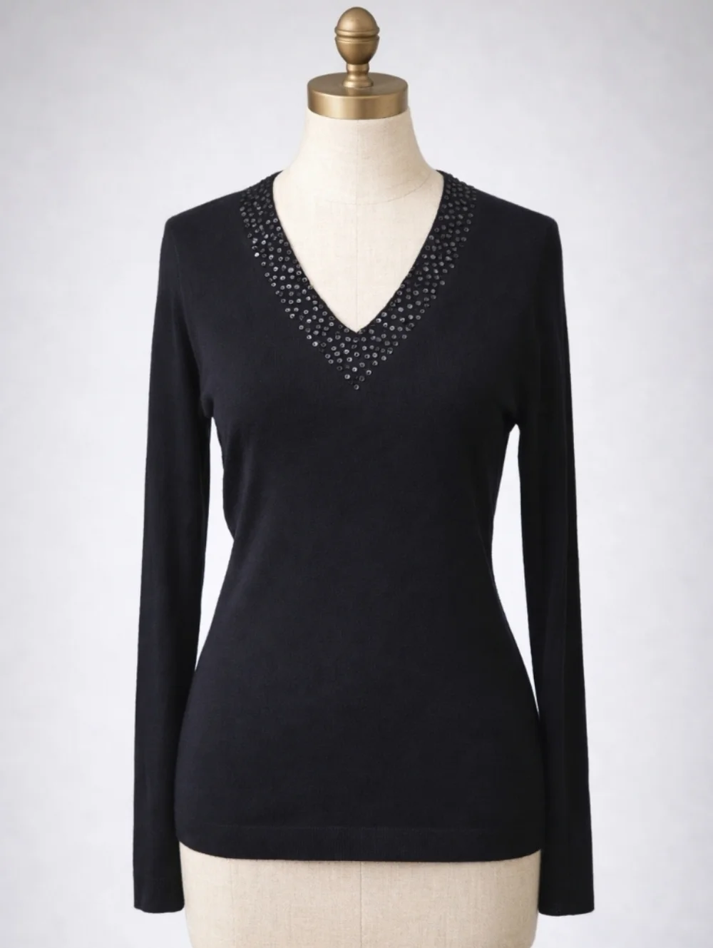LANDS' END Black Cashmere Wool Sweater – Sequined V‑Neck | EXTRA SMALL